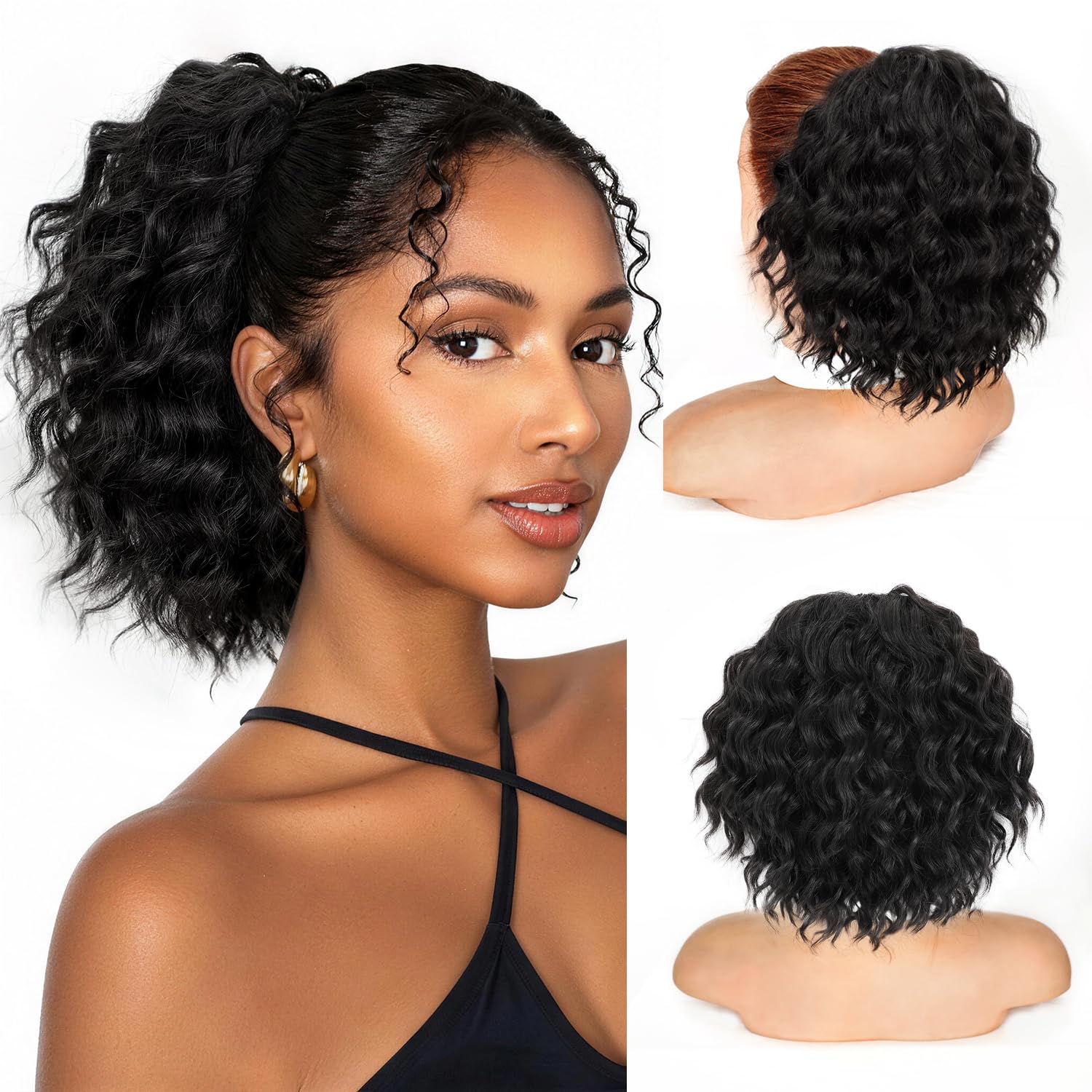 Isaic front view of jet black curly ponytail showing natural blend and instant volume