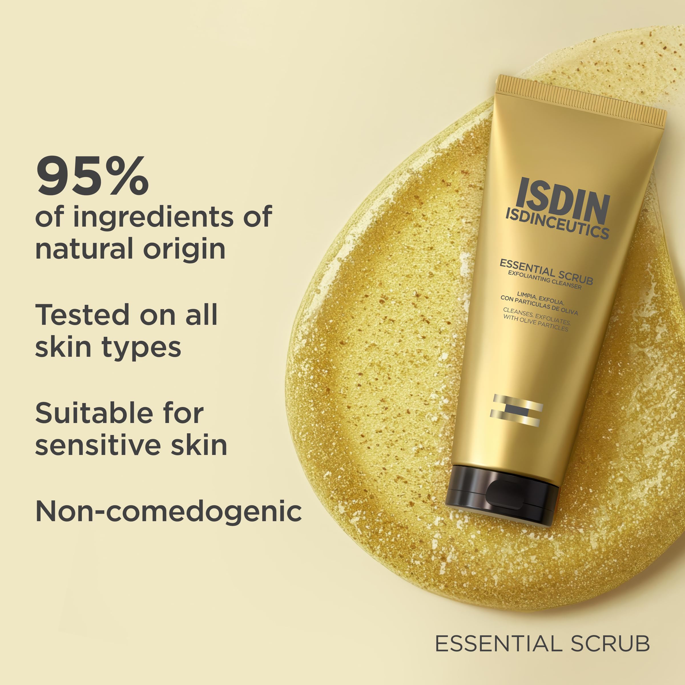 ISDIN bottle with ingredients flatlay illustrating natural-origin components