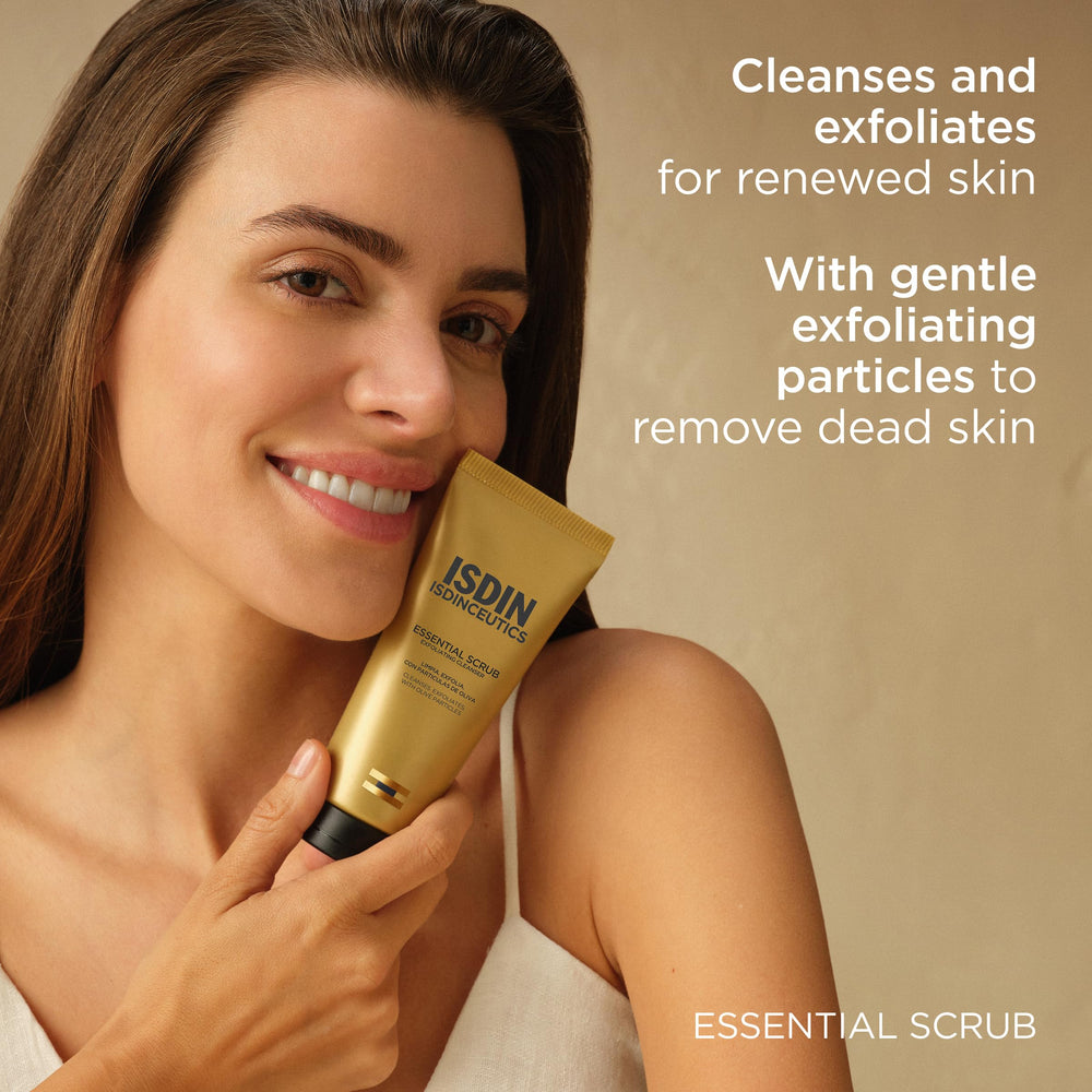 ISDIN gel texture on fingertip demonstrating gentle scrub consistency