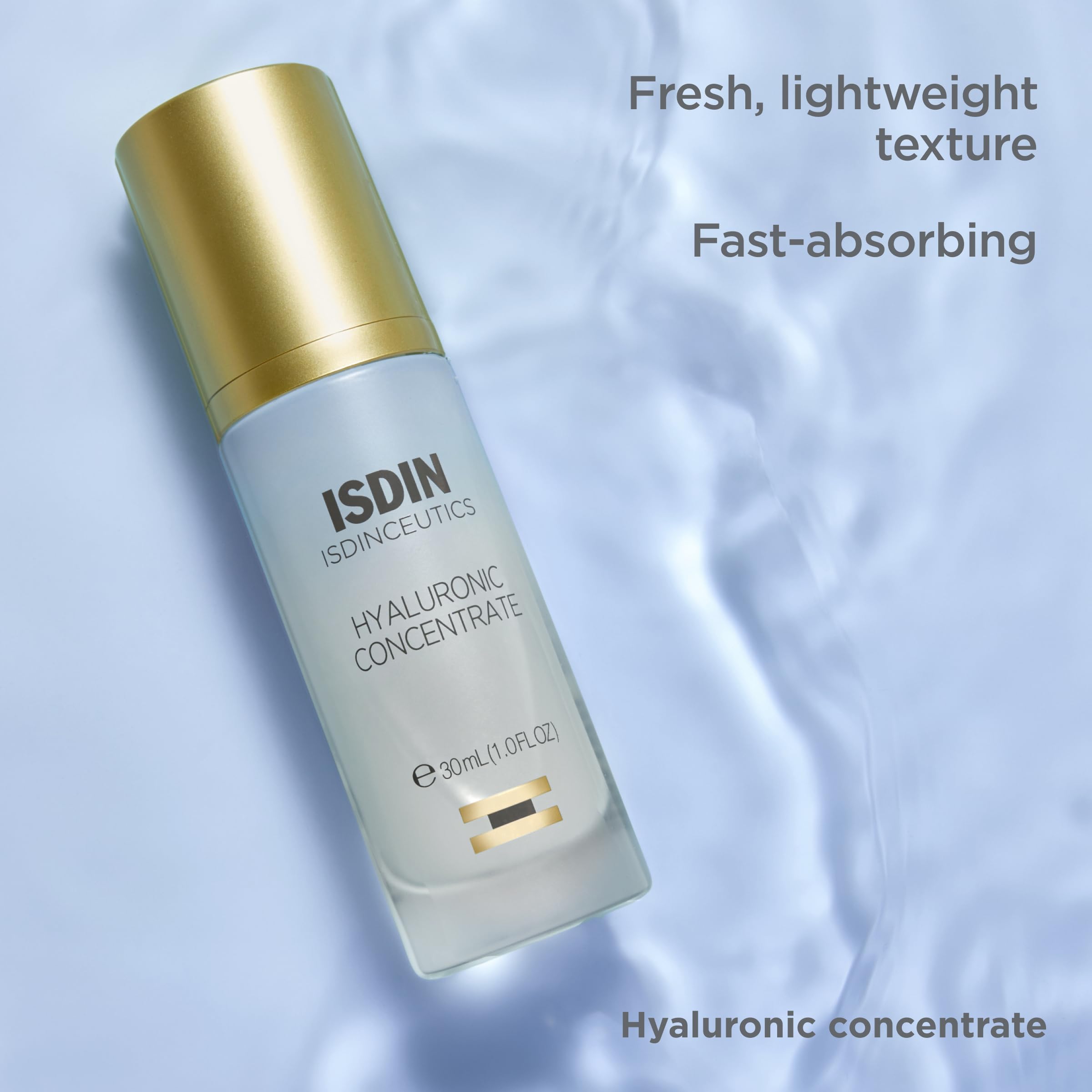 ISDIN ingredient label showing hyaluronic acids and peptide benefits