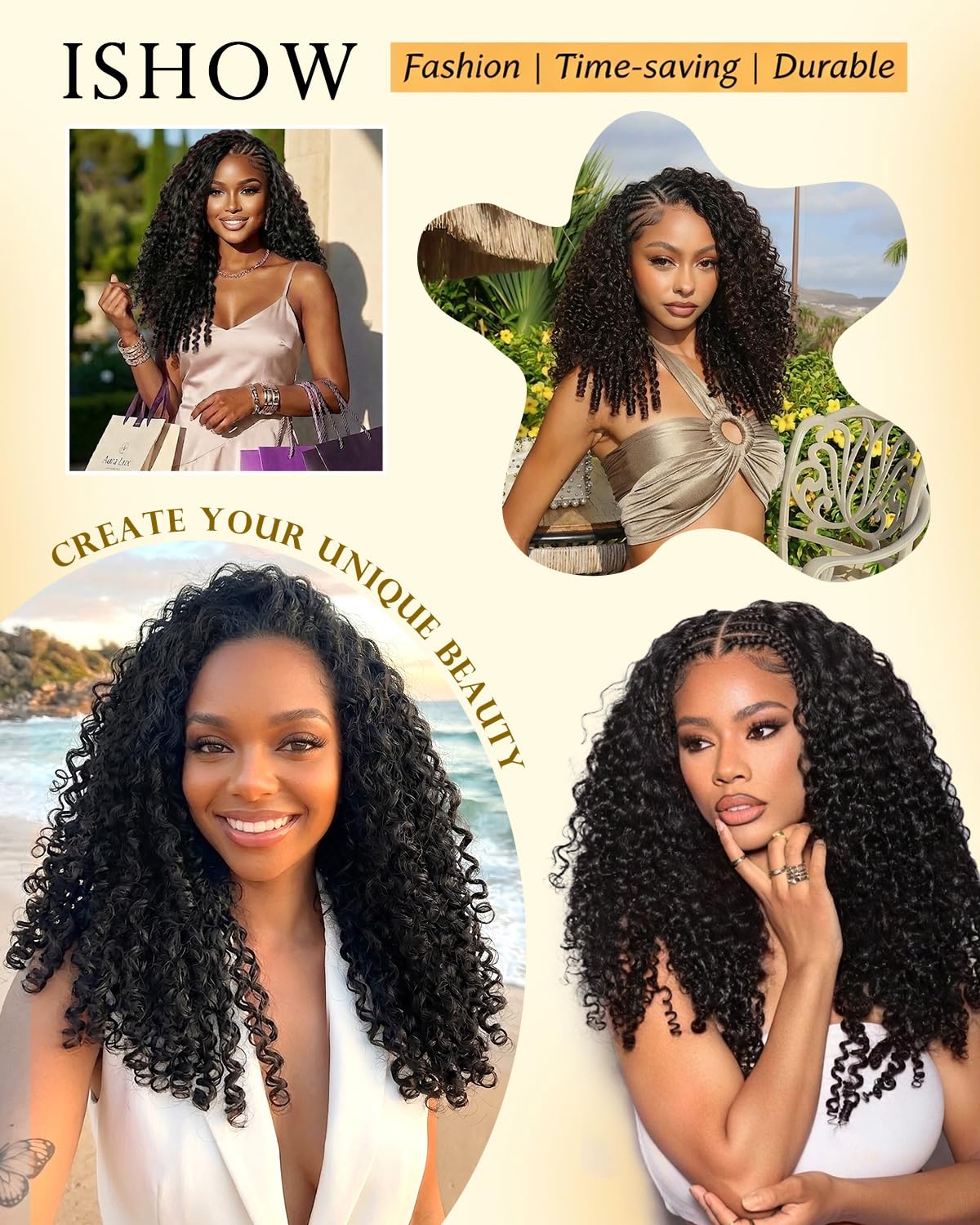 ISHOW lifestyle shot of model wearing natural black crochet curls for everyday confidence