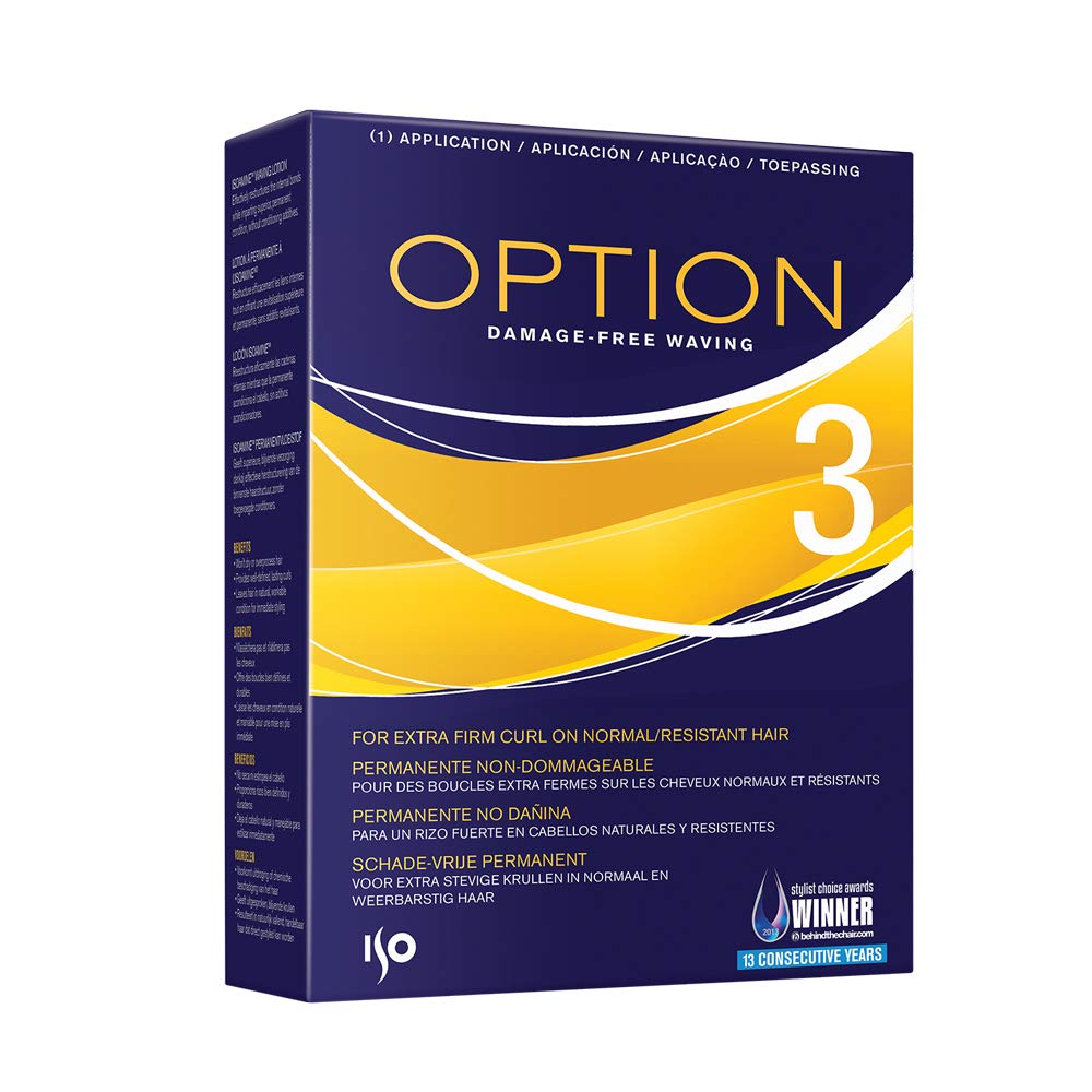 Iso Hair Option 3 box front showing extra-firm curl control and high shine