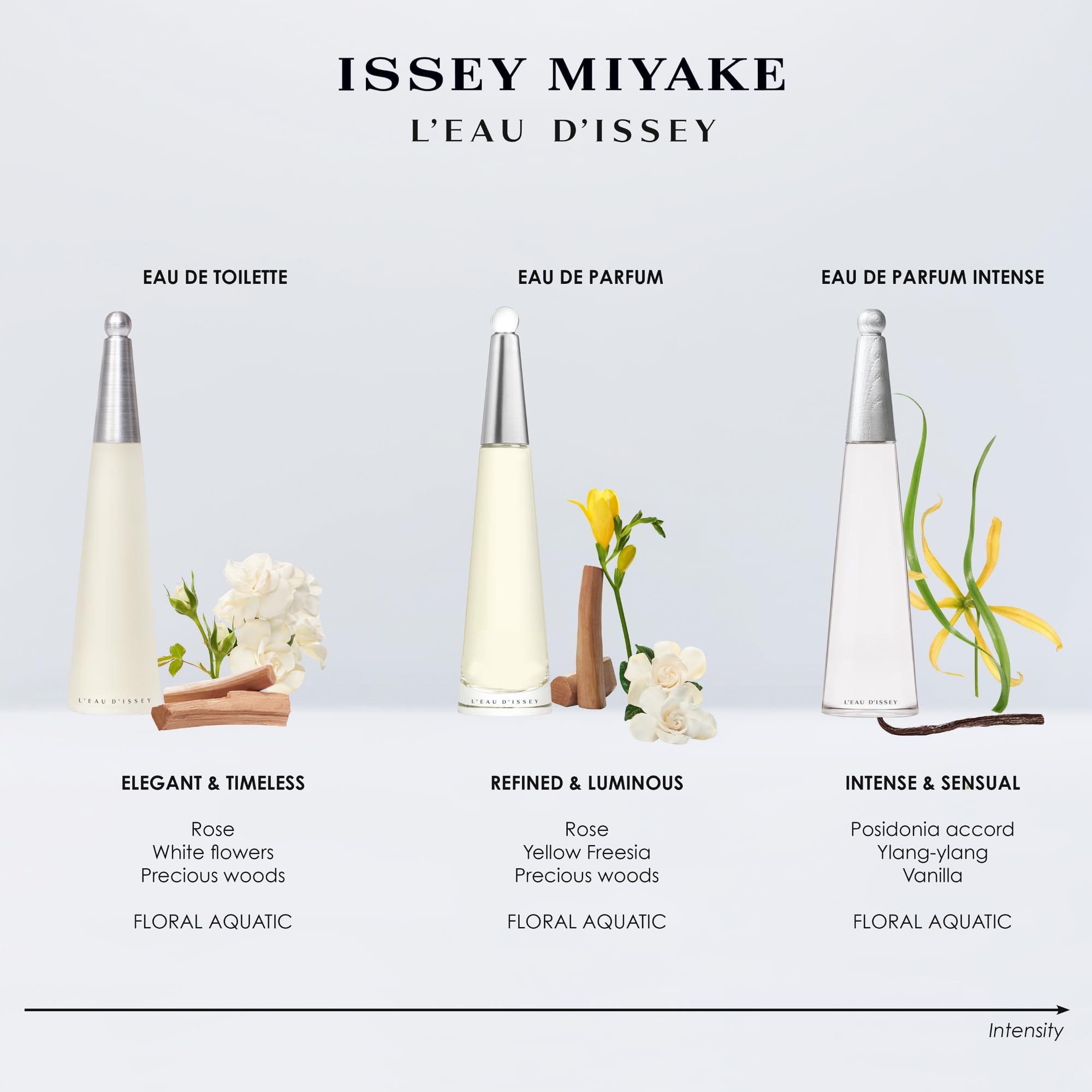 Issey Miyake L'Eau d'Issey 1.7 oz beside larger bottles for size comparison and travel convenience