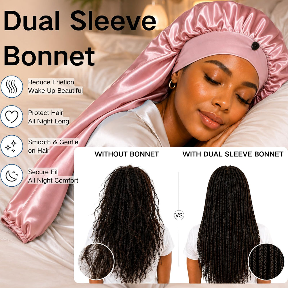Isshin Beauty bonnet holding braids and locs to prevent tangles and breakage