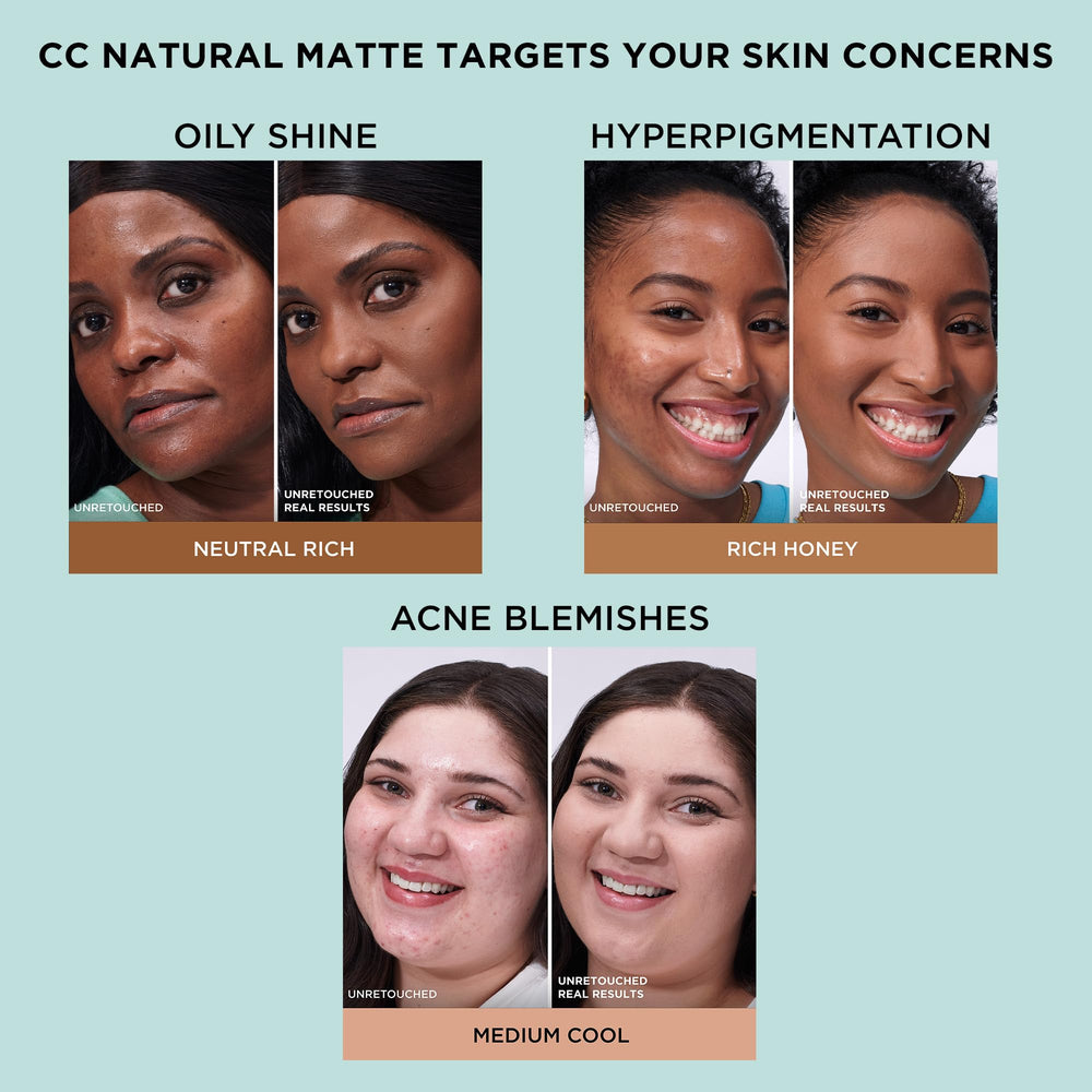 IT Cosmetics model wearing foundation showing natural matte look and long-wear benefit