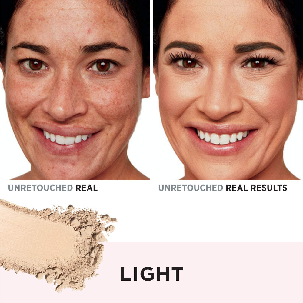 IT Cosmetics powder being applied with brush for blurred, even skin