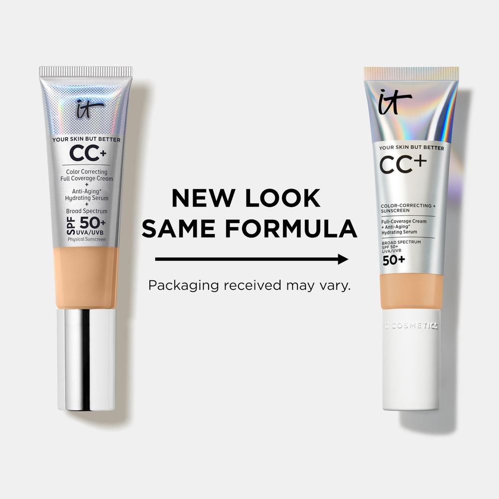 IT Cosmetics CC+ blended half face illustrating natural coverage and glow