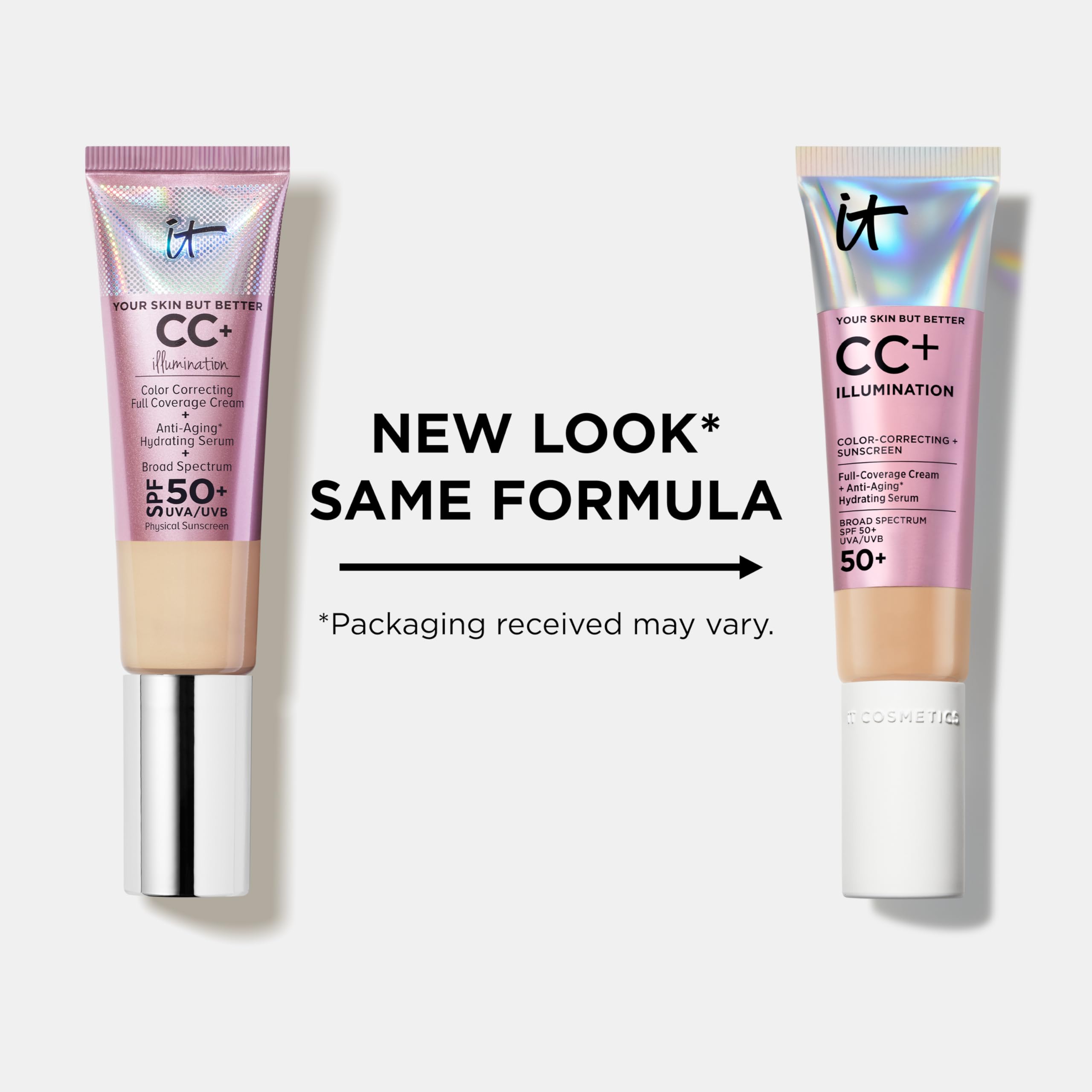 IT Cosmetics split-face before and after showing coverage and skin-smoothing benefit