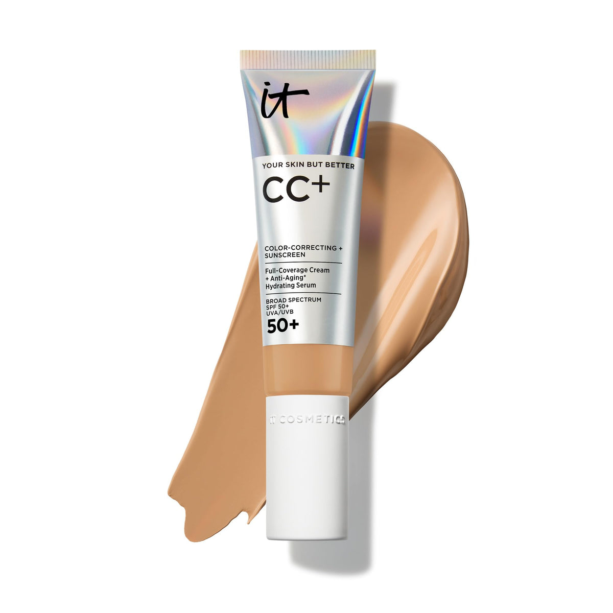 IT Cosmetics front packaging showing Tan Warm shade and benefits