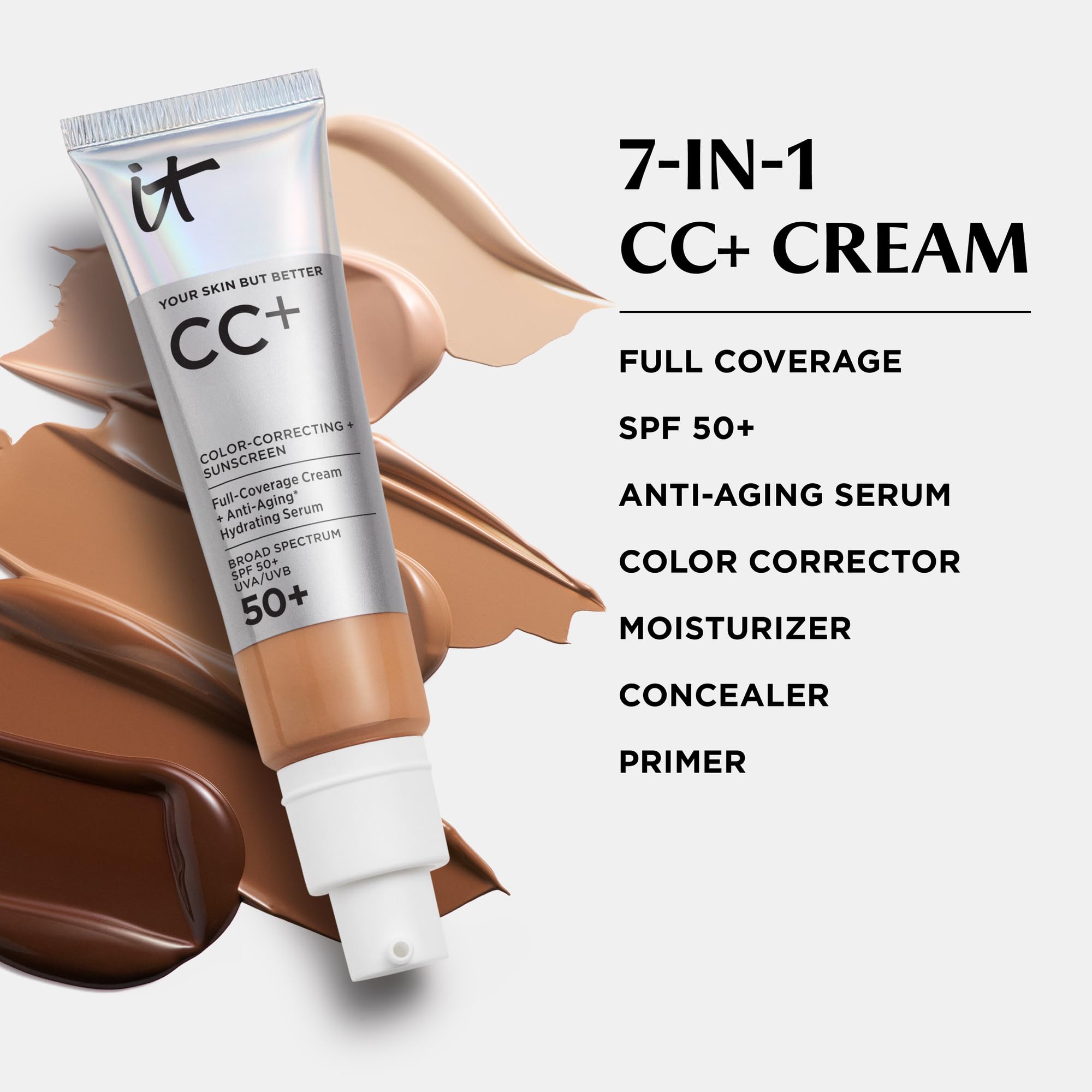 IT Cosmetics CC+ Cream applied with complexion brush showing smooth, crease-free coverage