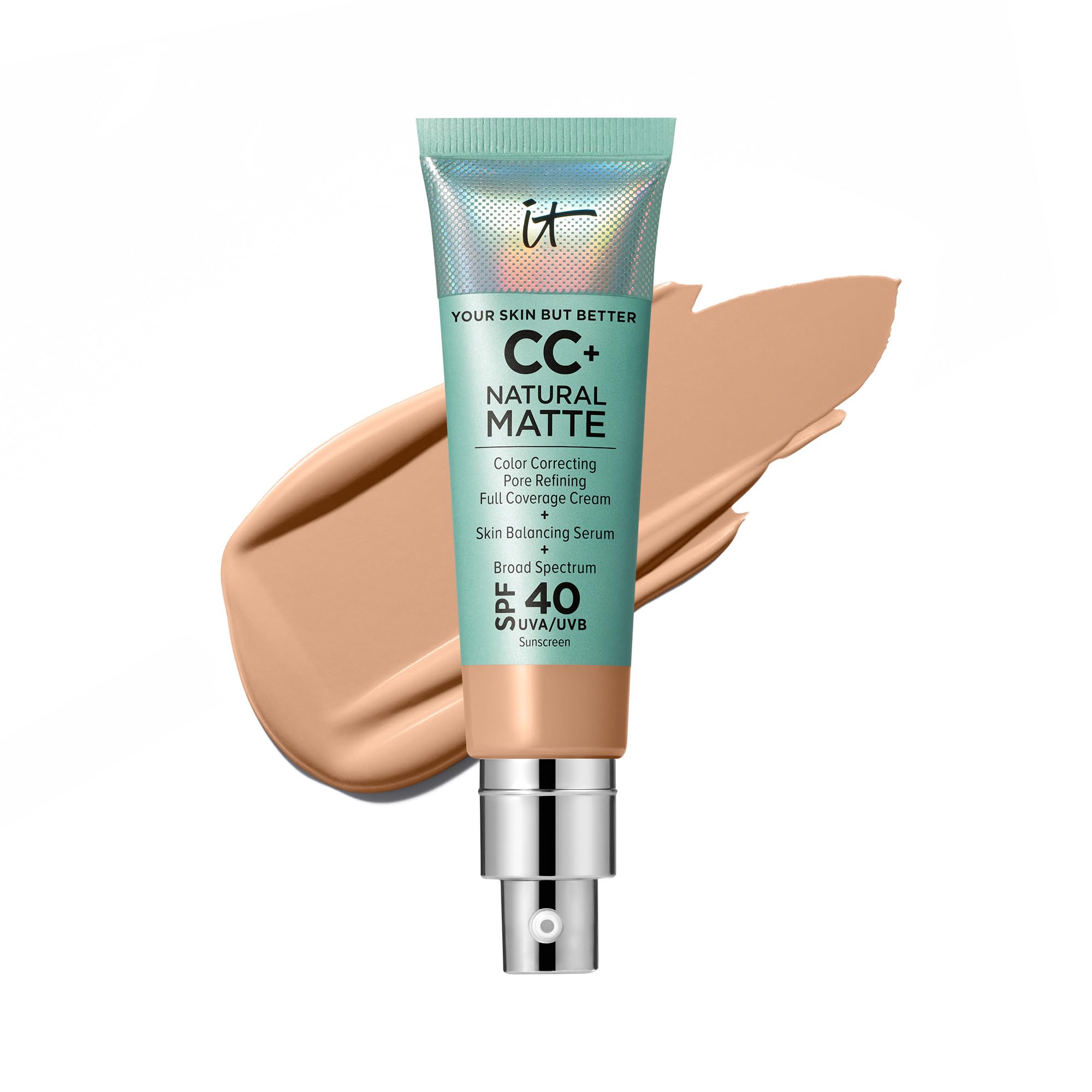IT Cosmetics front bottle showing CC+ Natural Matte SPF 40, conveys full-coverage benefit
