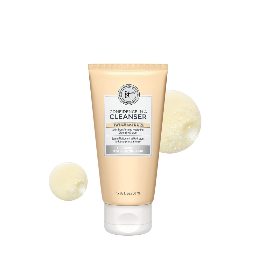 IT Cosmetics mini cleanser front packaging showing travel-friendly bottle and benefit