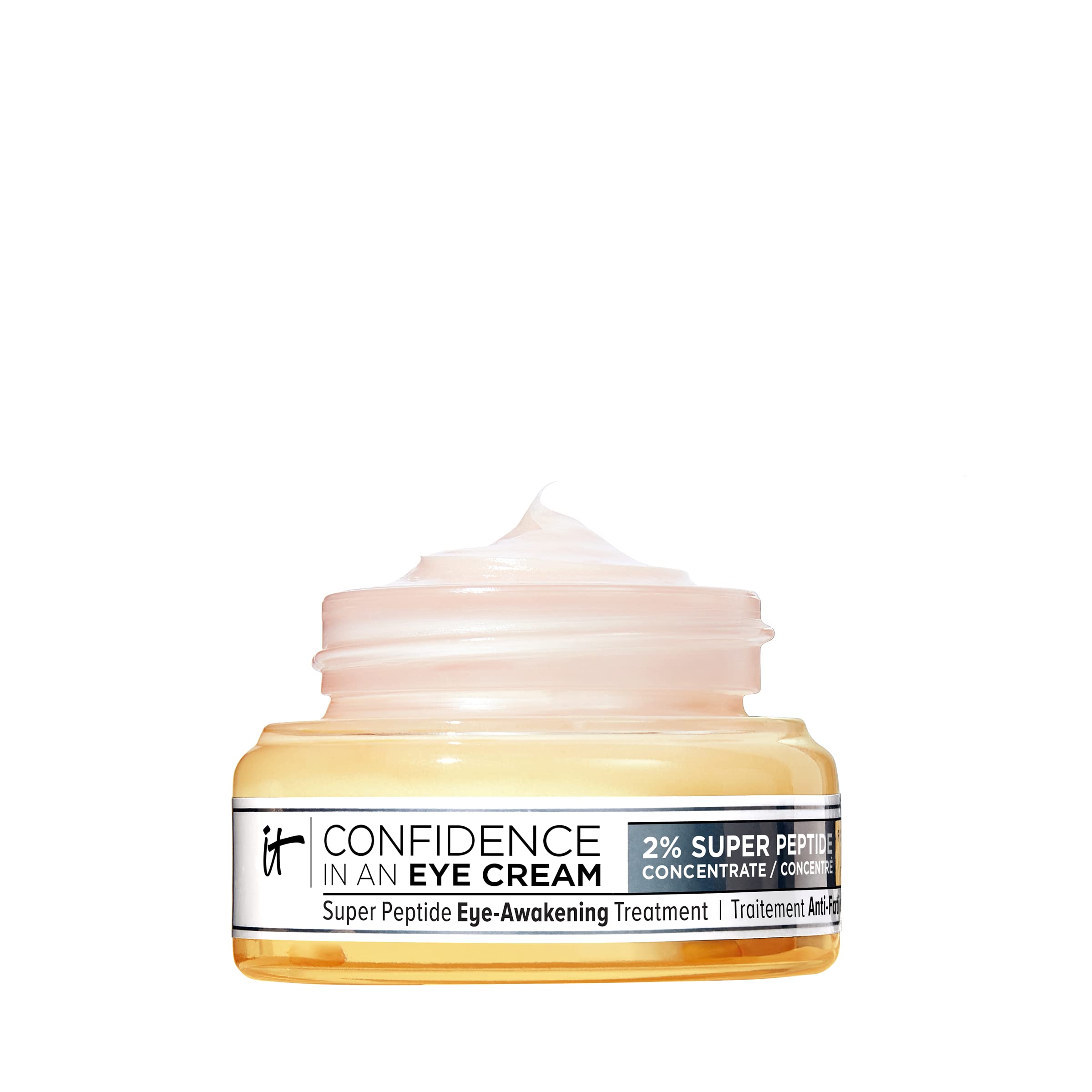IT Cosmetics front jar packaging showing product and branding, highlights compact design