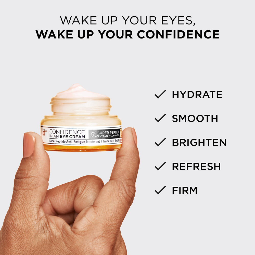 IT Cosmetics open jar with label visible, communicates ingredient focus and clarity