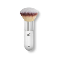 IT Cosmetics brush front view showing jumbo rubberized handle and dense head for control