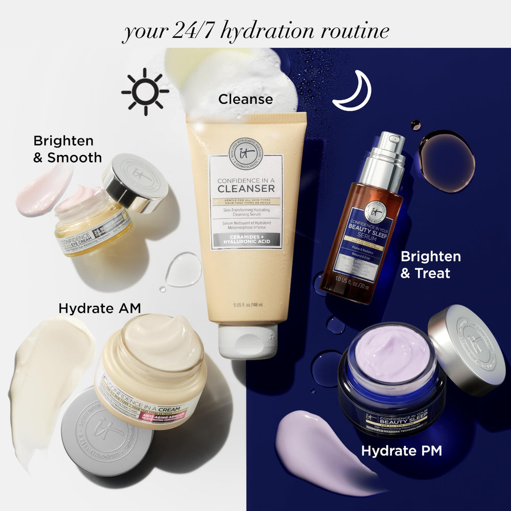 IT Cosmetics night cream on bedside table illustrating bedtime use benefit