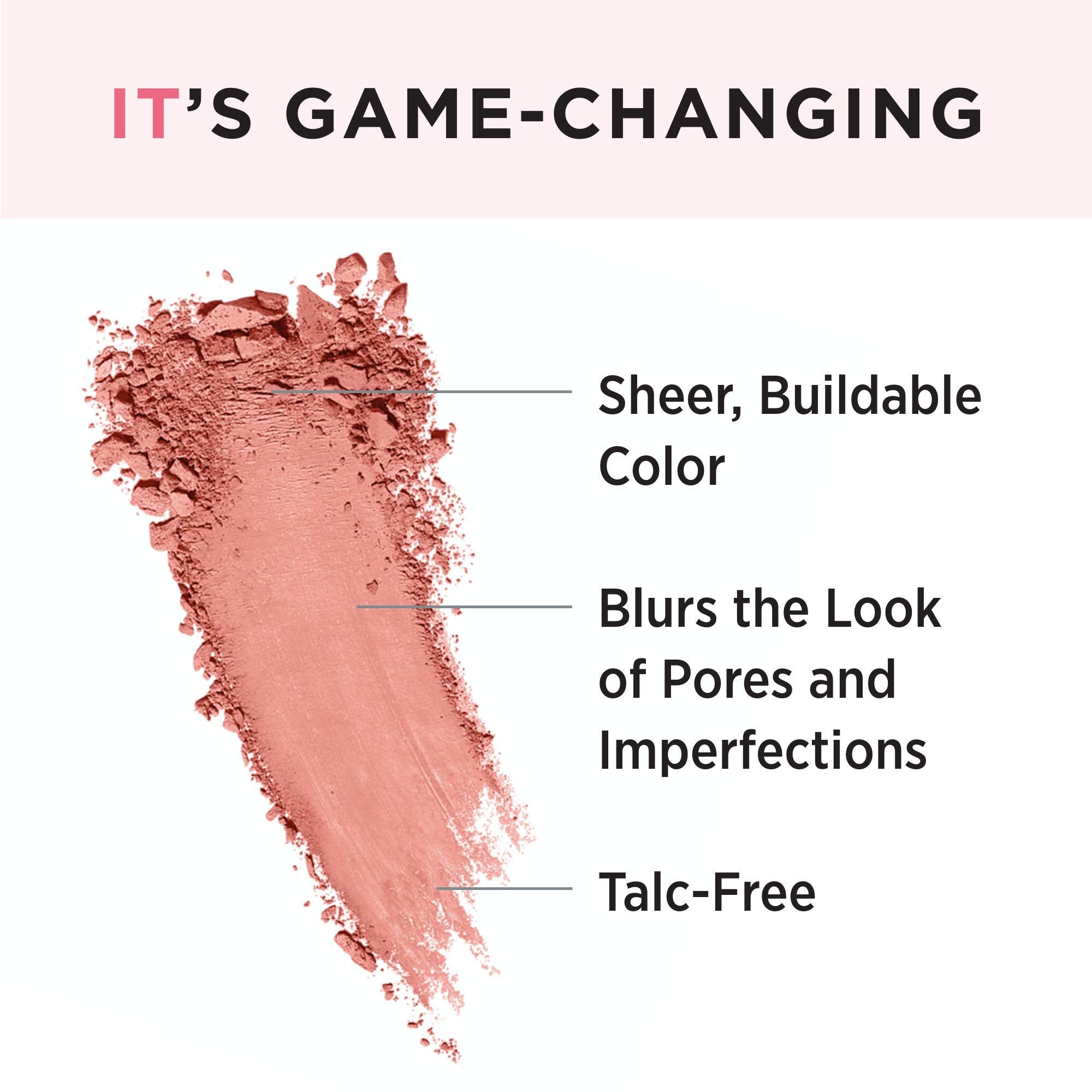 IT Cosmetics model applying warm peach blush to cheek for lifted, natural-looking color