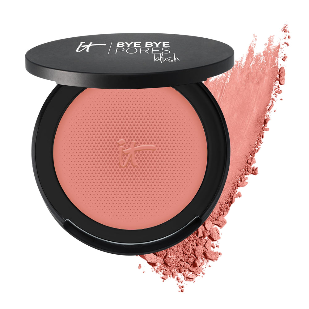 IT Cosmetics compact front view showing warm peach shade and compact design for easy touch-ups