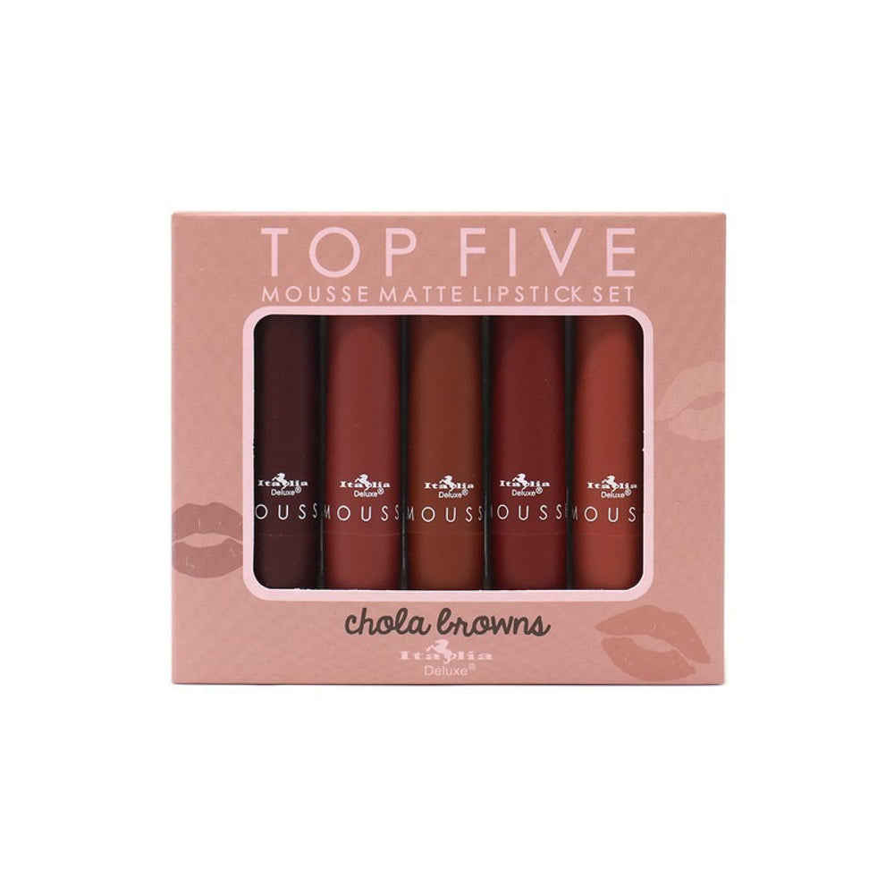Italia Deluxe front packaging showing five mousse matte tubes and set benefit