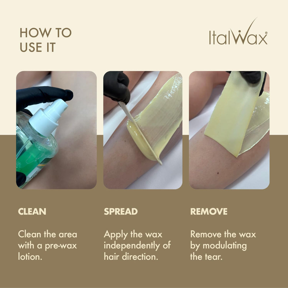 Italwax stripless pull action showing cleaner hair removal benefit