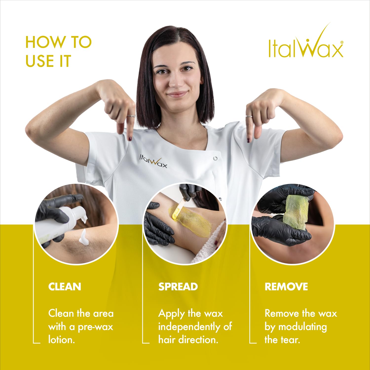 Italwax in-use on facial area demonstrating gentle removal and accurate grip