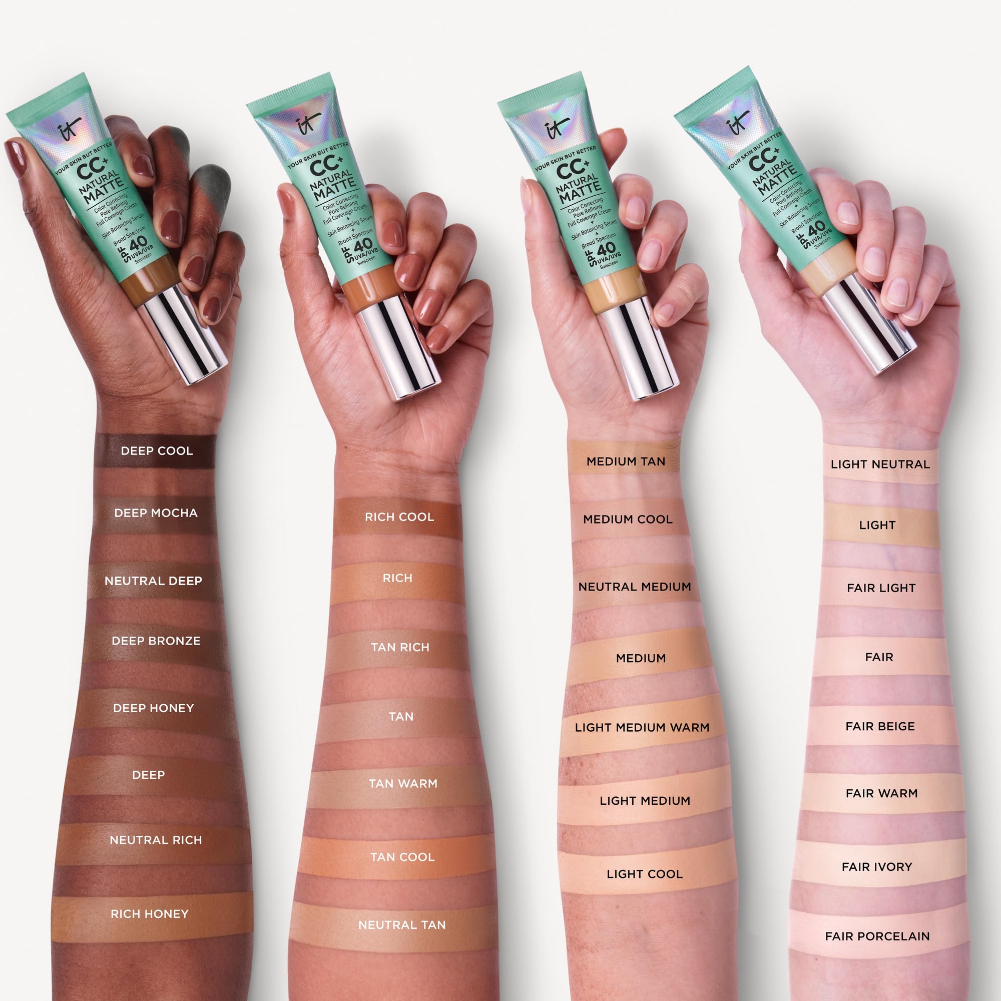 IT Cosmetics CC+ Natural Matte swatches on arm comparing Fair Beige undertone and true-to-skin match