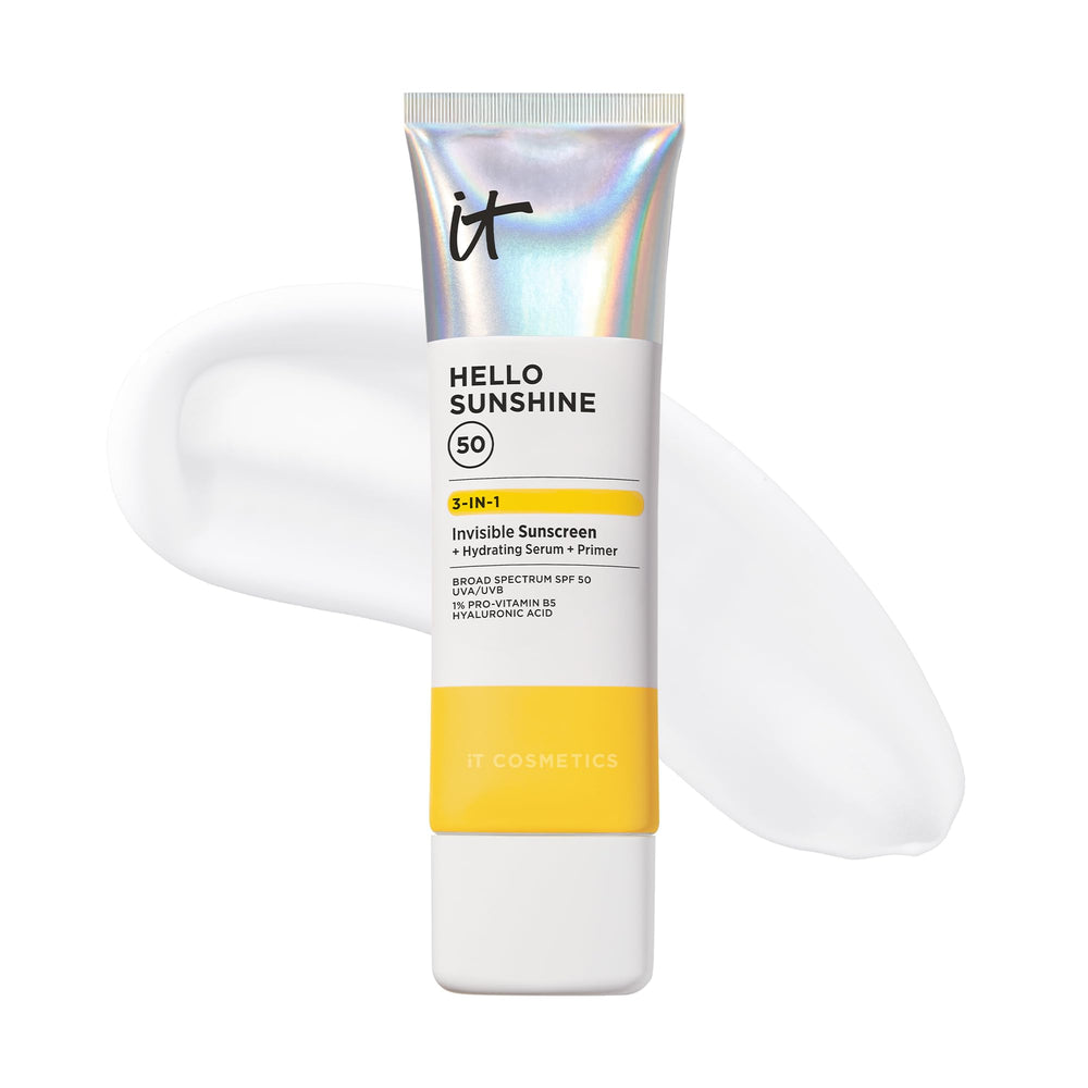 IT Cosmetics front packaging of Hello Sunshine jumbo bottle showing product and SPF benefit