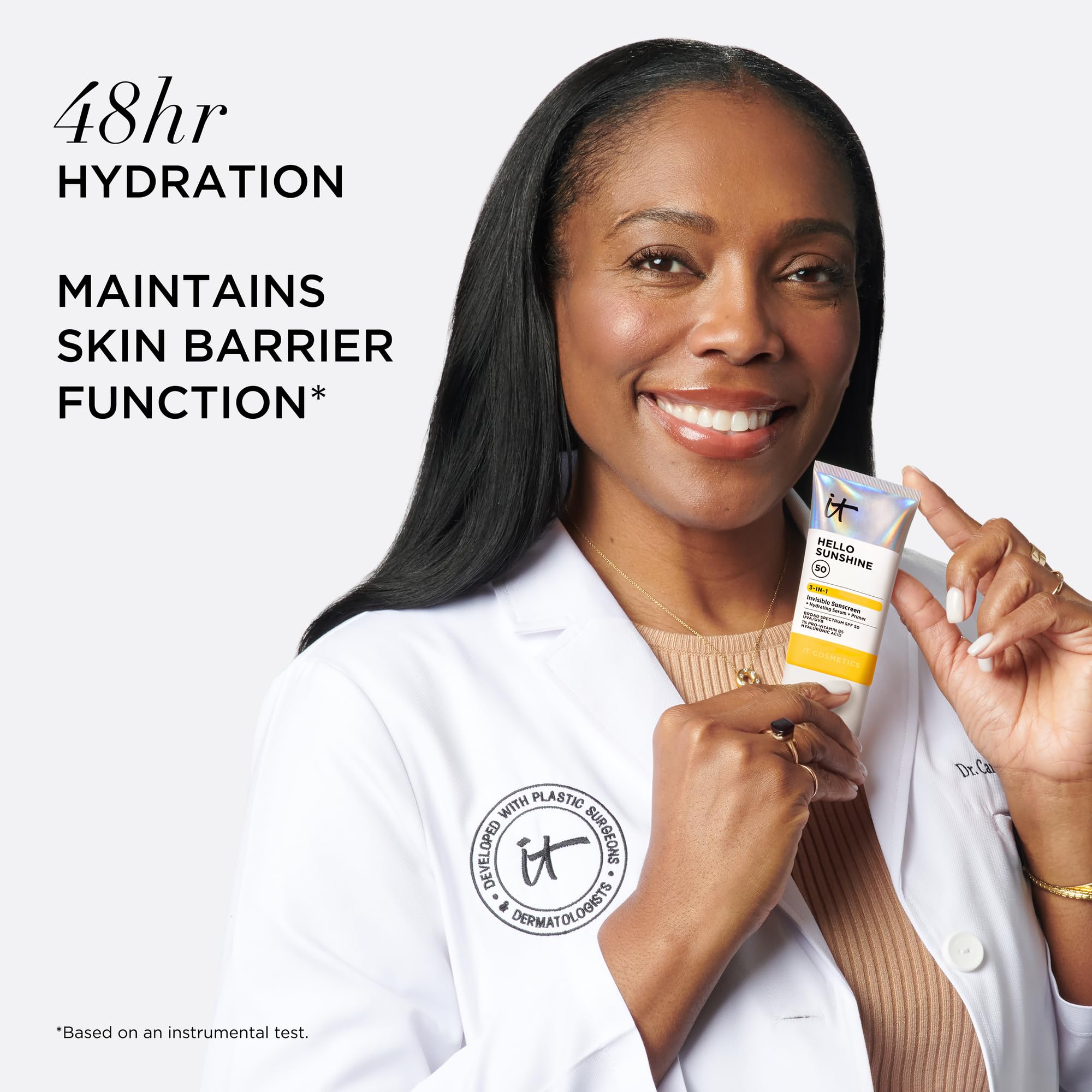 IT Cosmetics lifestyle outdoor use with Hello Sunshine showing daily sun protection
