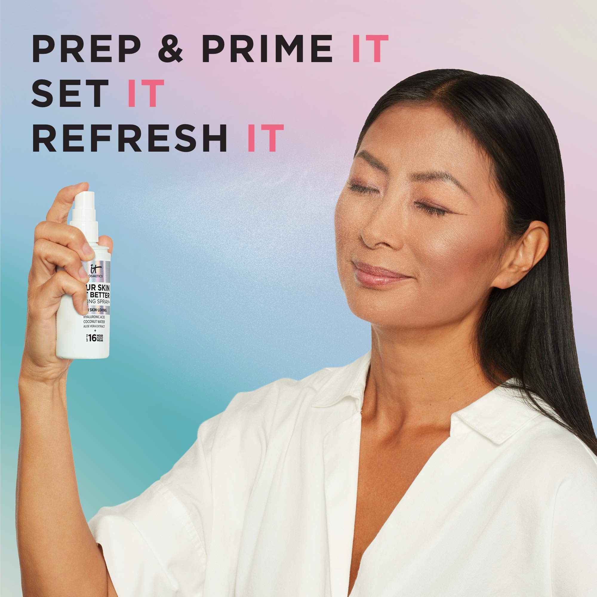 Person using IT Cosmetics mist to refresh makeup and control shine