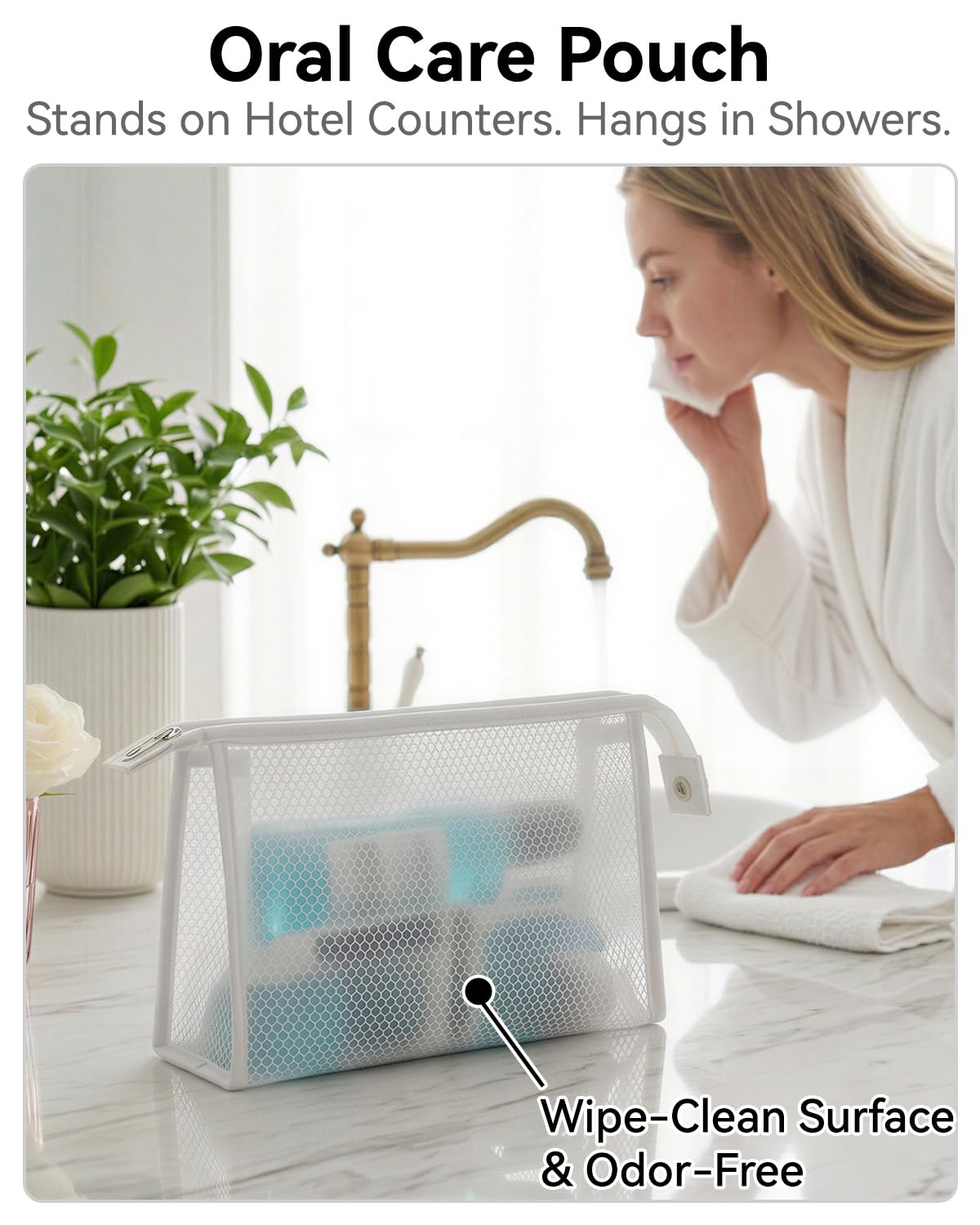 itgowisa pouch hanging on a shower hook to free countertop space