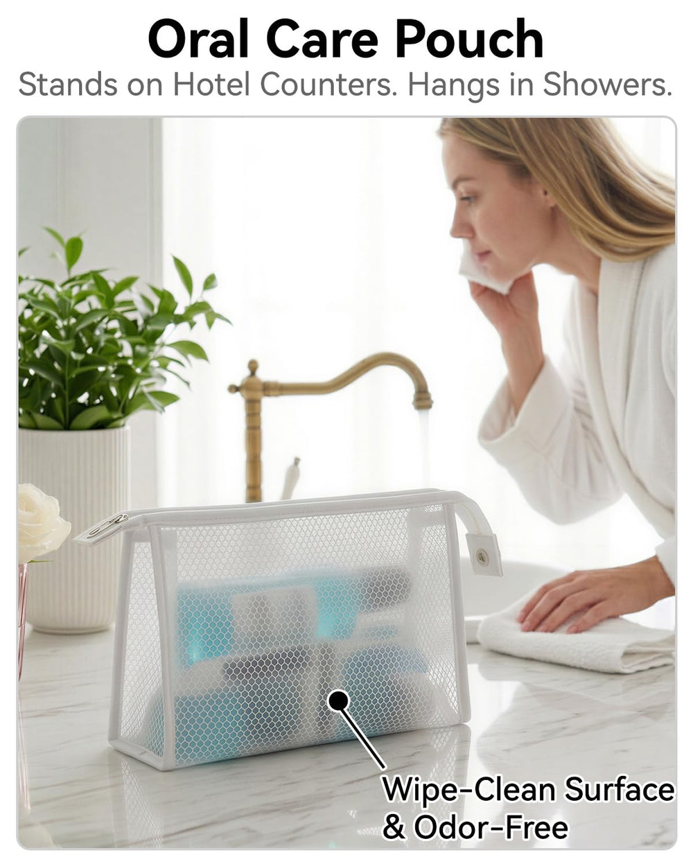 itgowisa pouch hanging on a shower hook to free countertop space