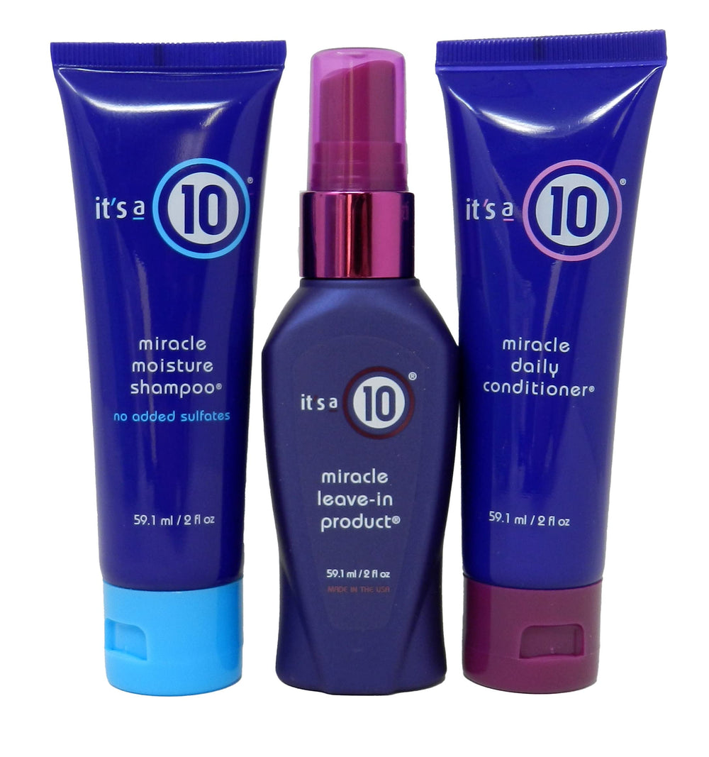 It's a 10 Haircare front packaging of the three-piece kit shows complete routine benefits