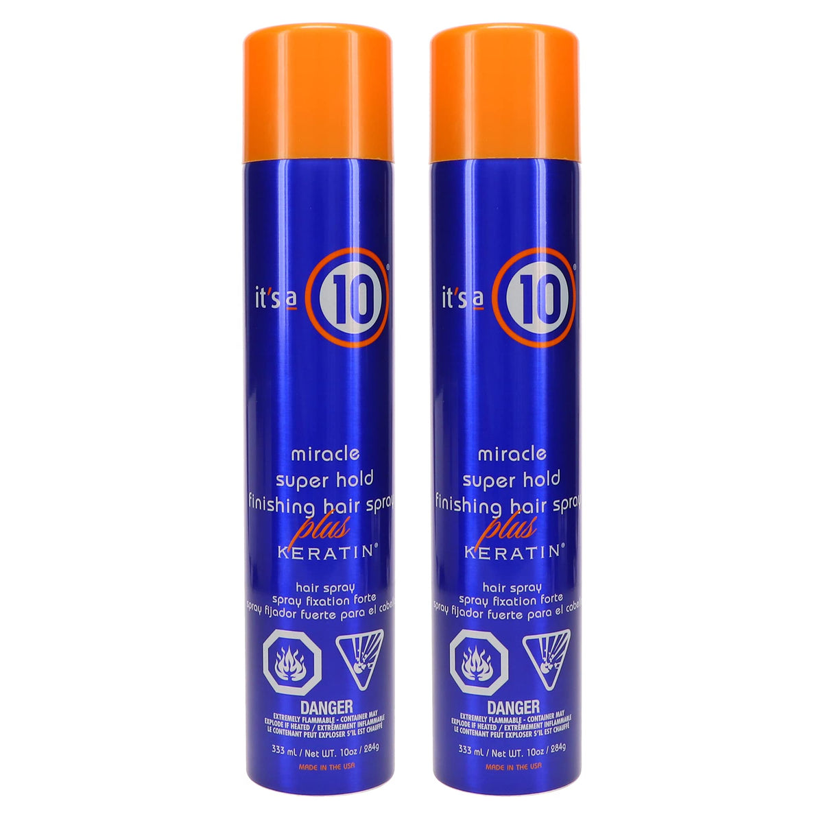 It's a 10 front view of two 10 oz cans showing packaging and hold benefits