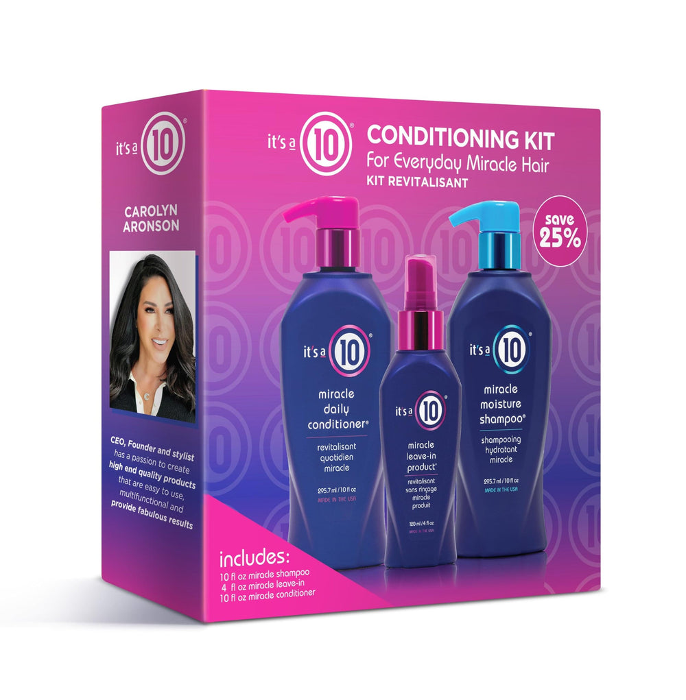 It's a 10 front packaging trio kit shown open for easy routine and visible benefits