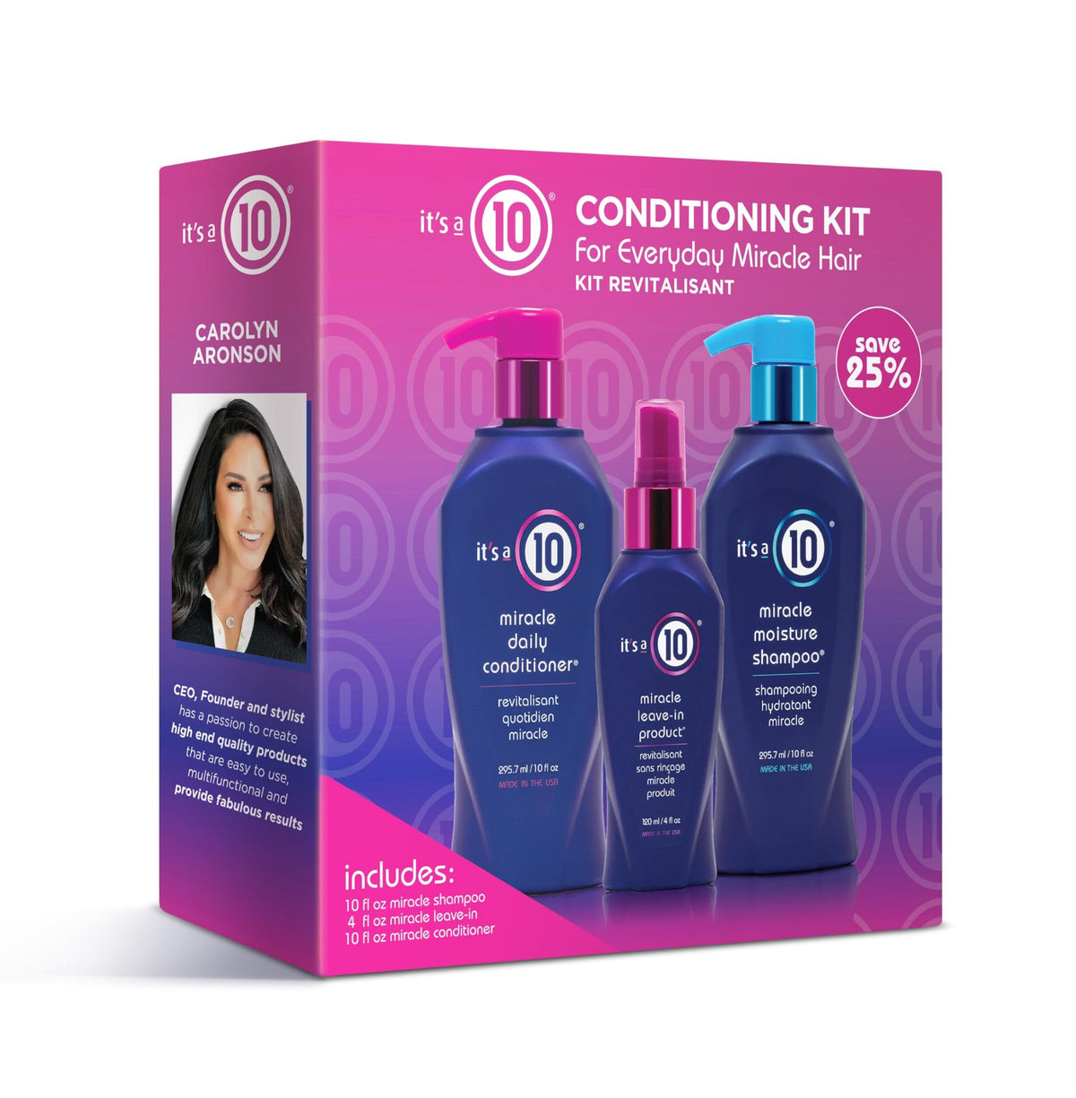 It's a 10 front packaging trio kit shown open for easy routine and visible benefits
