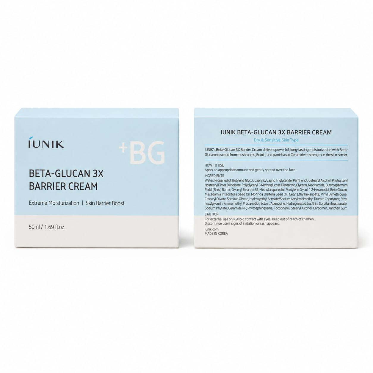 IUNIK ingredient display with beta-glucan visual explaining hydration benefit
