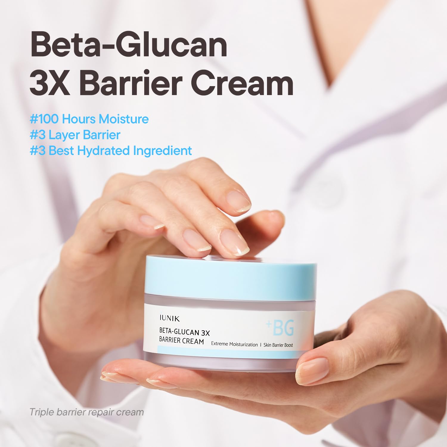 IUNIK jar angled label highlighting clean formulation benefit