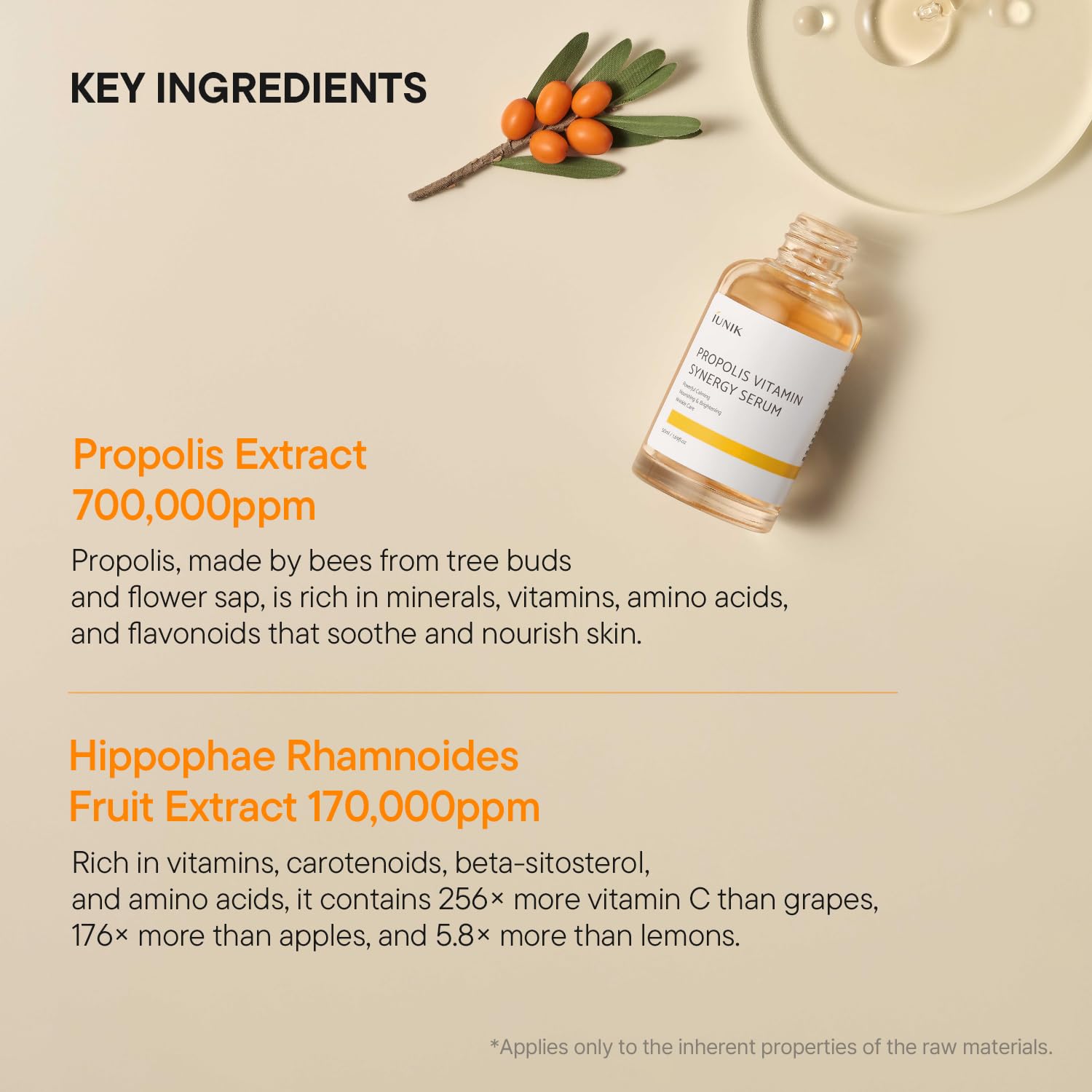 IUNIK bottle beside sea buckthorn berries emphasizing vitamin-rich formula