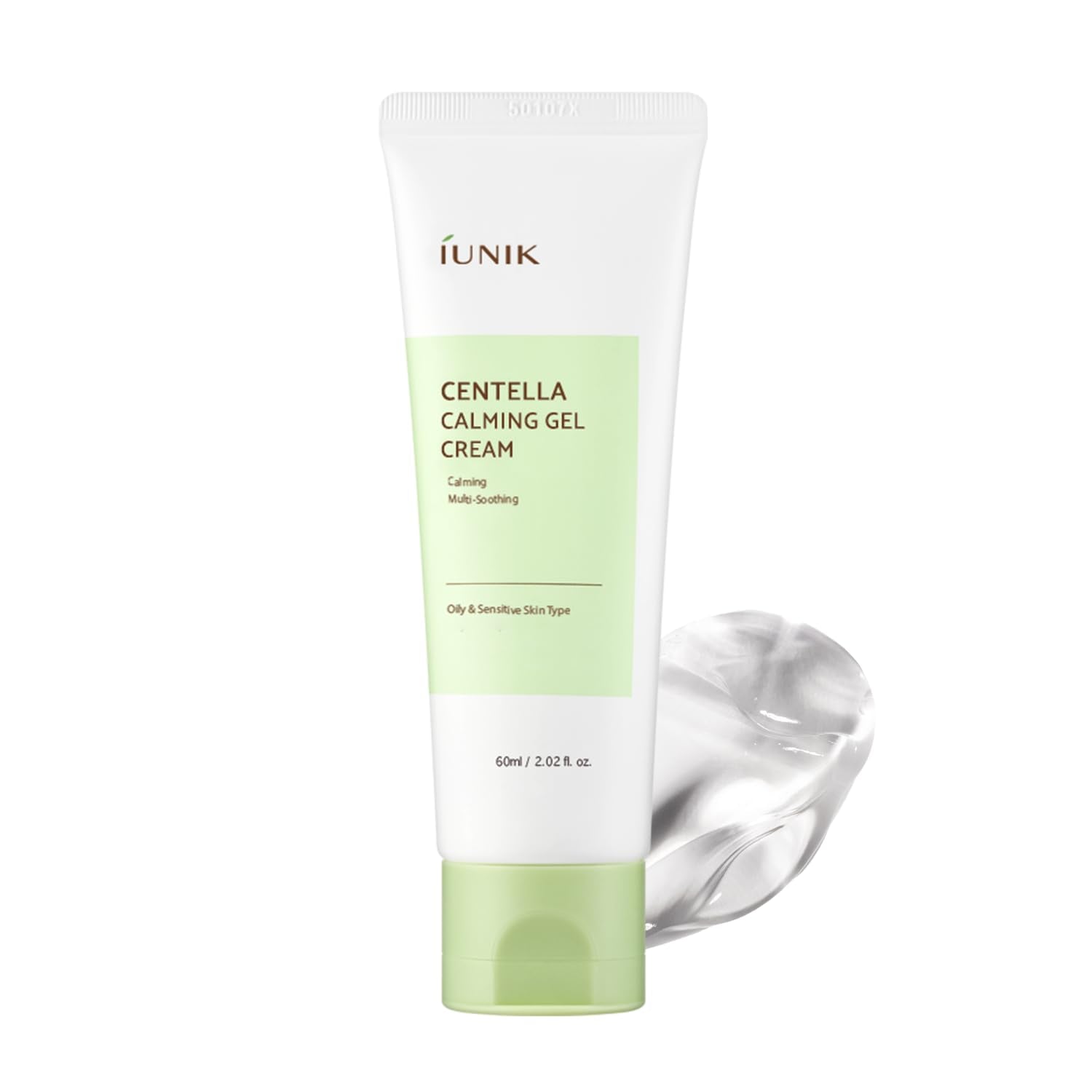 IUNIK jar front view showing Centella Calming Gel Cream and clear labeling for quick identification