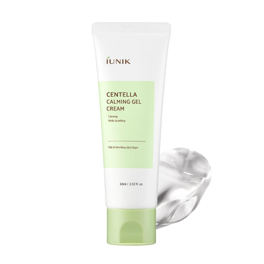 IUNIK jar front view showing Centella Calming Gel Cream and clear labeling for quick identification