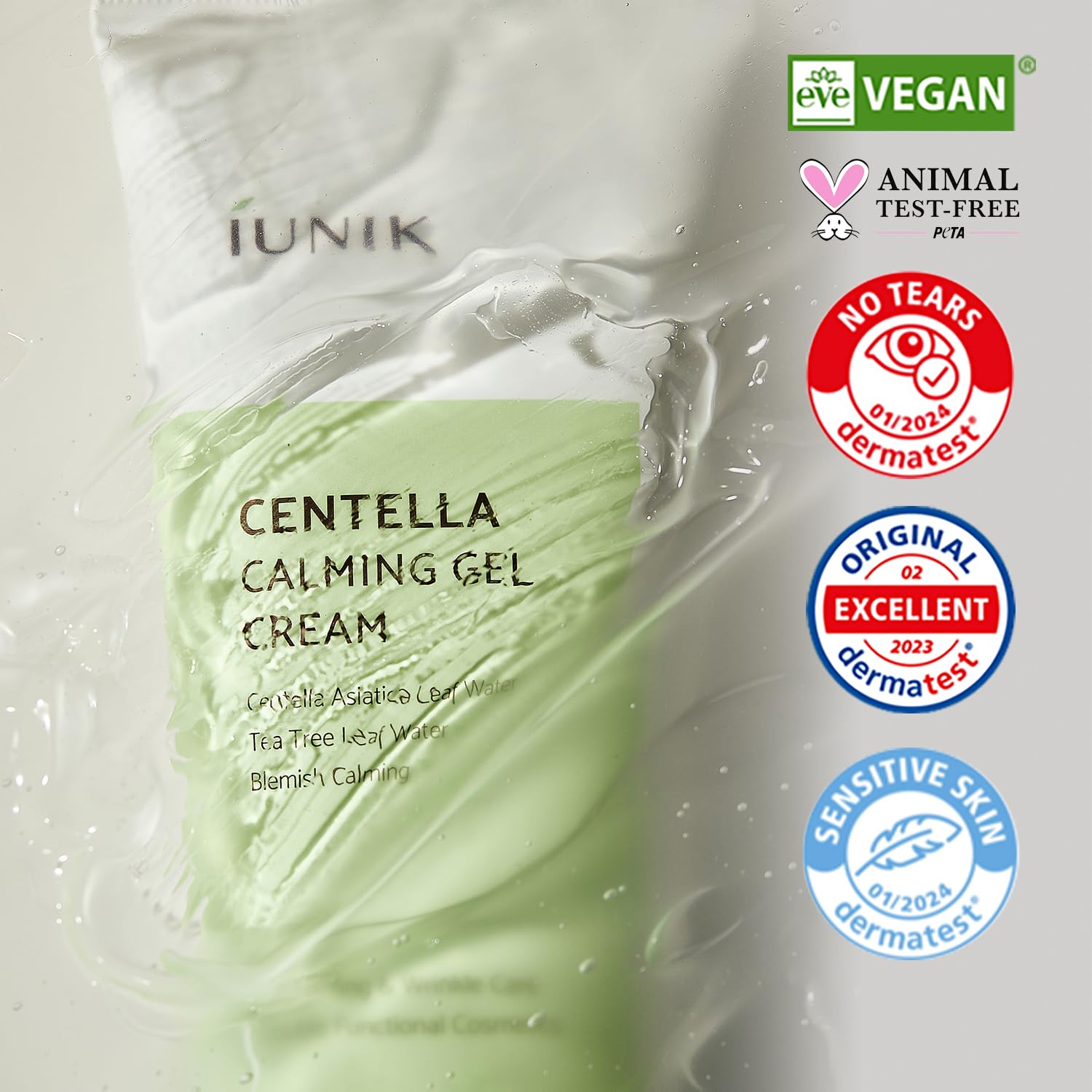 IUNIK ingredient label highlighting Centella, tea tree, and six sprout extracts for calming benefits