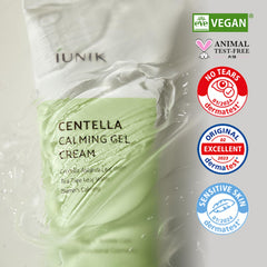 IUNIK applying gel cream to cheek with fingertip for calming hydration