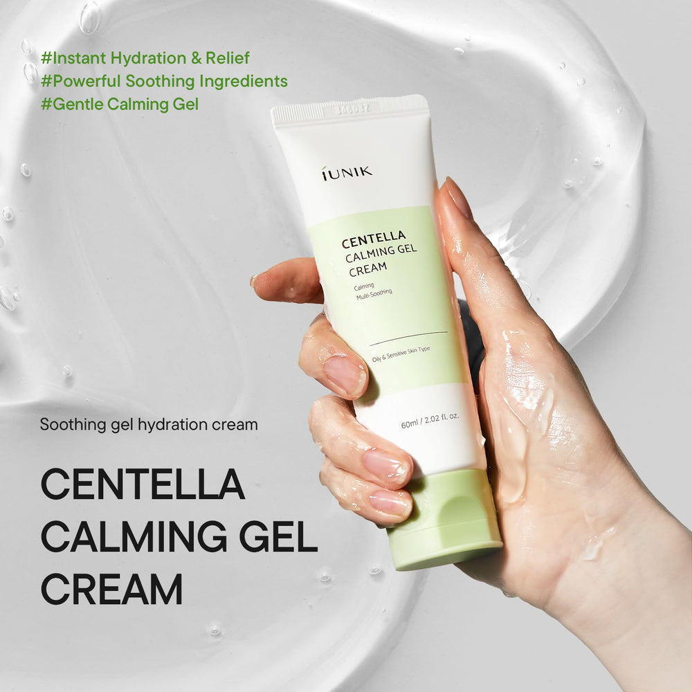 IUNIK close-up gel texture on fingertips showing lightweight absorption