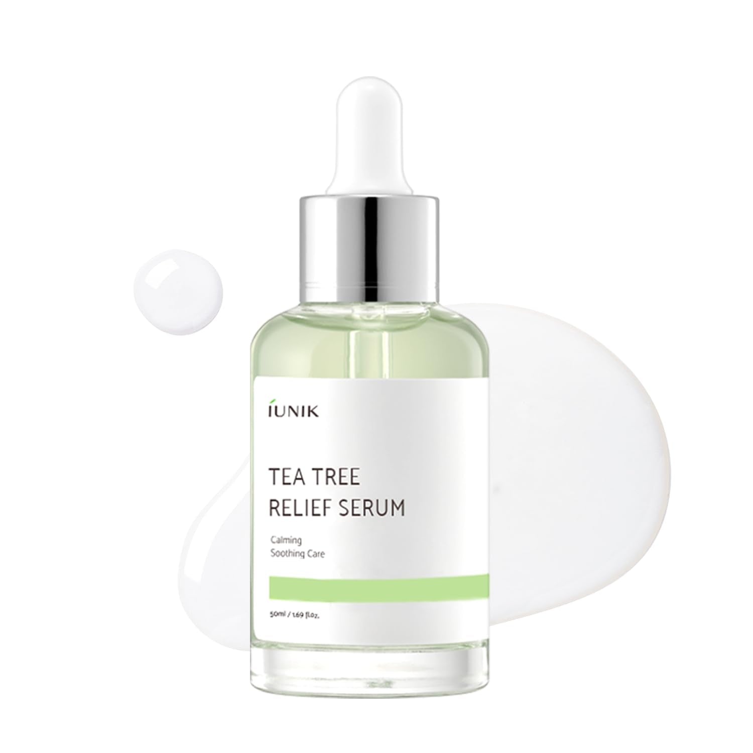 IUNIK bottle front view showing calming serum and clear labeling benefit