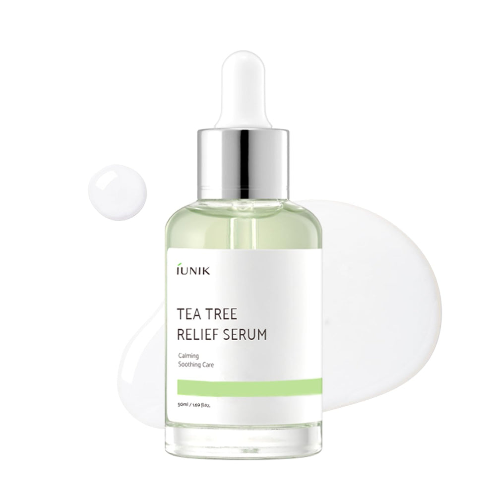 IUNIK bottle front view showing calming serum and clear labeling benefit