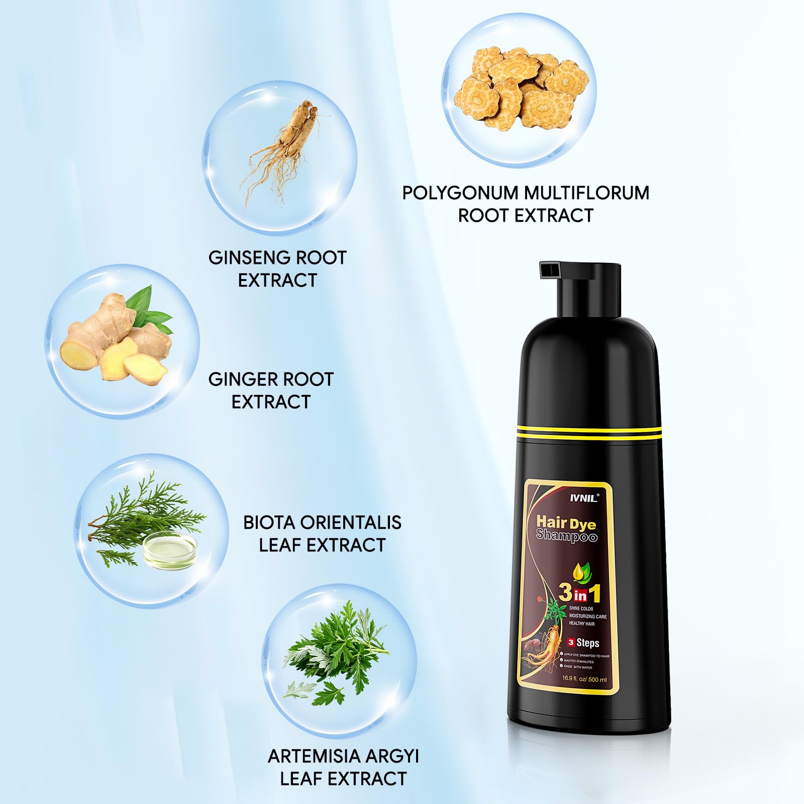 Applying Ivnil color shampoo to wet hair with gloves to cover gray strands quickly at home