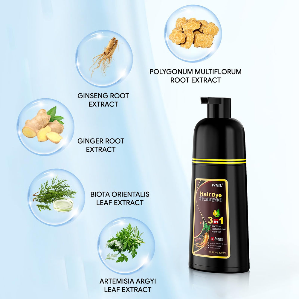 Applying Ivnil color shampoo to wet hair with gloves to cover gray strands quickly at home