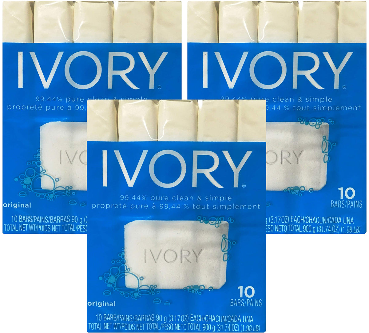 Ivory soap bar packaging front view showing clean white bars and value pack benefit