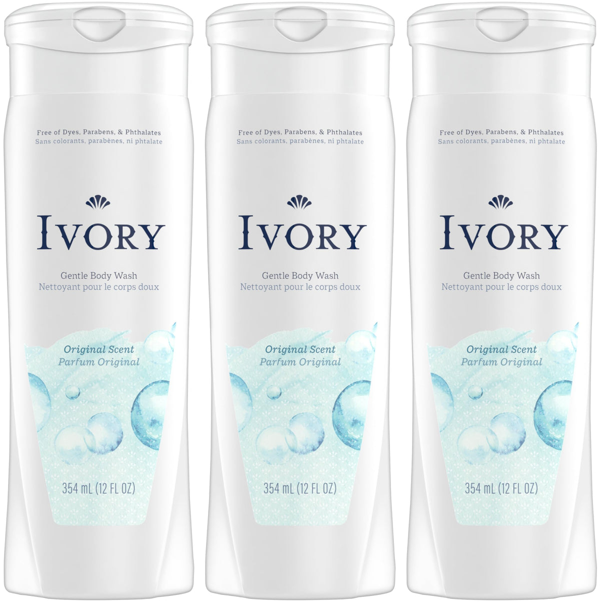 Ivory bottle front packaging showing Original scent and clean design benefits gentle cleansing