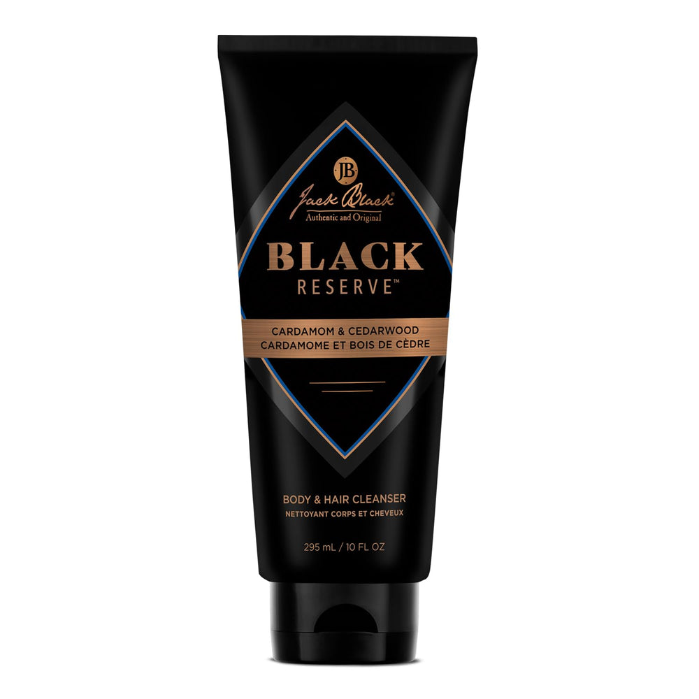 Jack Black bottle front view showing black reserve label and scent benefit
